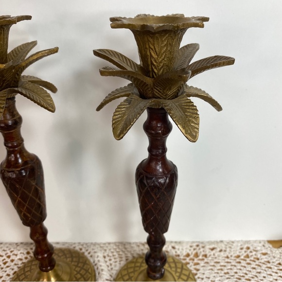 Elegant Brass and Dark Brown Wood Candle Holders - Picture 2 of 8